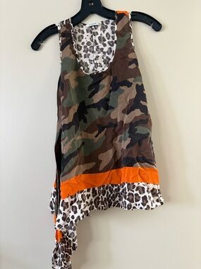 Reversible Camo & Leopard Mixed-Print Tank with Orange Accent; Silk